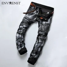 Envmenst 2017 herrenmode marke designer ripped biker jeans männer distressed moto denim jogger gewaschen plissee jean hosen
