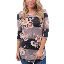 Women Long Sleeve T shirt 2017 Autumn 3/4 Sleeve Floral Print T-Shirts O-neck Casual Striped Tops Cotton Tee Shirt Plus Size XXL cutout neck bell sleeve striped tee