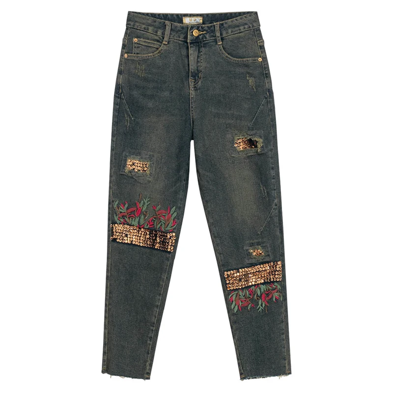

Spring Fall Casual Vintage Womens High Waisted Stretch Sequined Tassel Ripped Hole Denim Pants , Women Embroidery Jeans Trousers