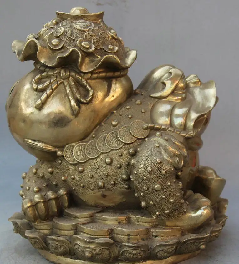zhmui88002842079++12" China Feng Shui Brass Wealth Golden Toad Spittor Money Bag Yuan Bao Statue ...