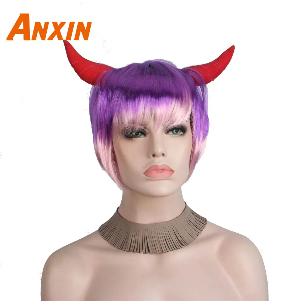 

Anxin Short Straight Purple Pink Colorful Ombre With Devil Horns Halloween Wigs Cosplay Party For Girls Women Boys Synthetic Wig
