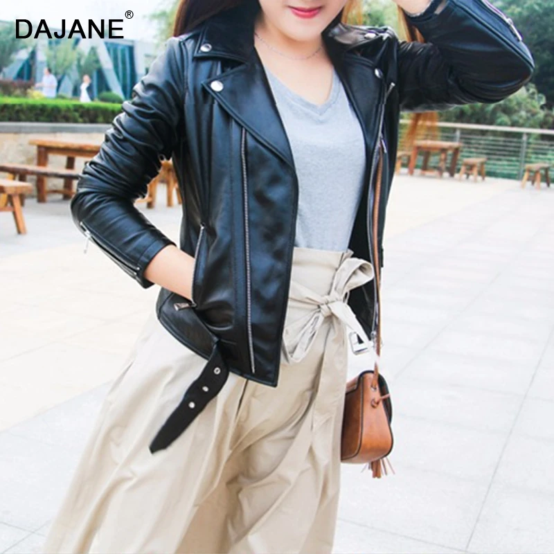 

DAJANE real sheep leather coat girl short motorcycle jacket coat large size women's thin belt warm clothes