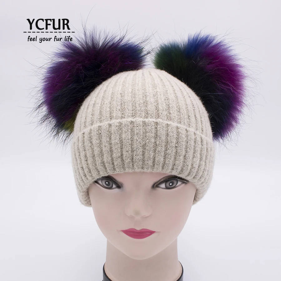 

YCFUR Women Winter Caps Hats Knit Sheep Wool Rabbit Fur Beanie Hat Muff Genuine Silver Fox Fur Pom Poms Cap For Girl chapeu