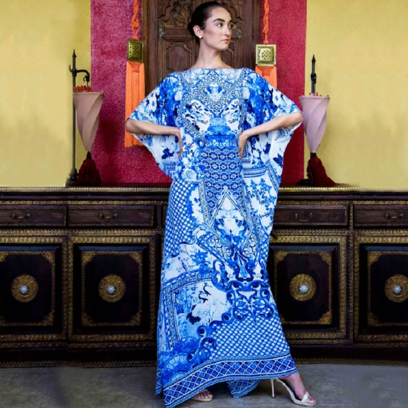 

Plus Size Women's Boho Floral Kaftan Dress Beach Tunic Long Maxi Dress Beach Cover Up