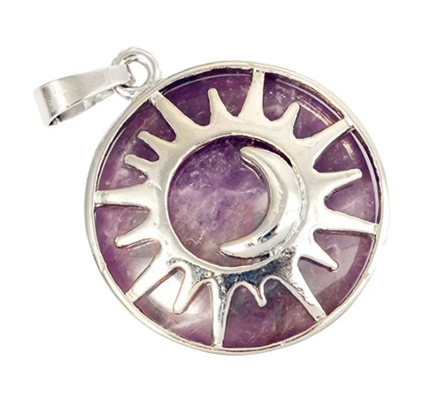 

FYJS Unique Silver Plated Sun and Crescent Moon Round Shape Pendant Natural Amethysts Stone Jewelry