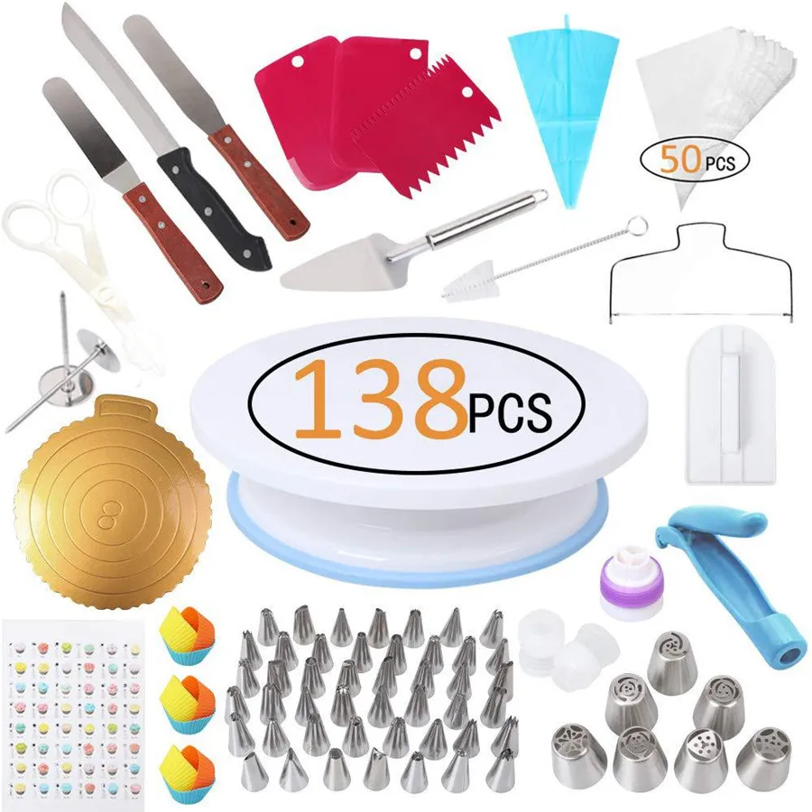 

GZTZMY 138 Pcs Lot Cake Turntable Set Pastry Nozzle TPU Pastry Bag Cake Decorating Tools Cake Icing Piping Bag Confectionery Bag