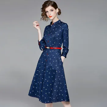 

Denim Dress Women Plus Size S-XXL Autumn Vestidos Print Vintage Stand collar 3/4 Sleeve Single Breasted Slim Dresses With Belt