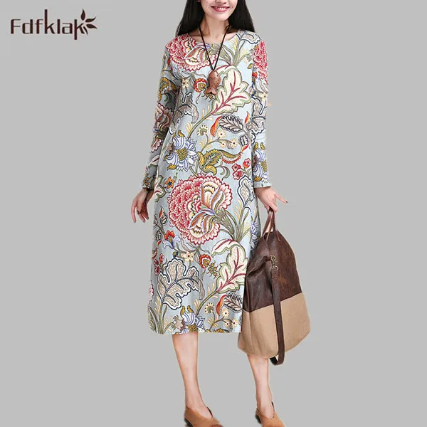 

Spring autumn style 2017 cotton linen vintage print big size women casual loose long dress party dresses vestidos femininas