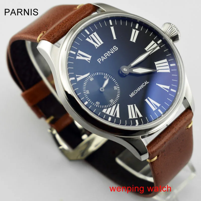 

Parnis 44mm black dial green luminous marks Roman numeral 6497 hand winding watchE2401