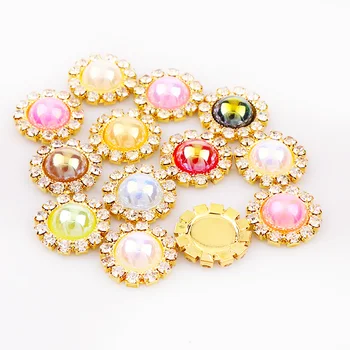 

10 Pcs 16mm Inner 10mm Round Pearl AB Color With Rhinestone Cabochon Setting Pearl Button Brass Gold Tray DIY Jewelry Charms