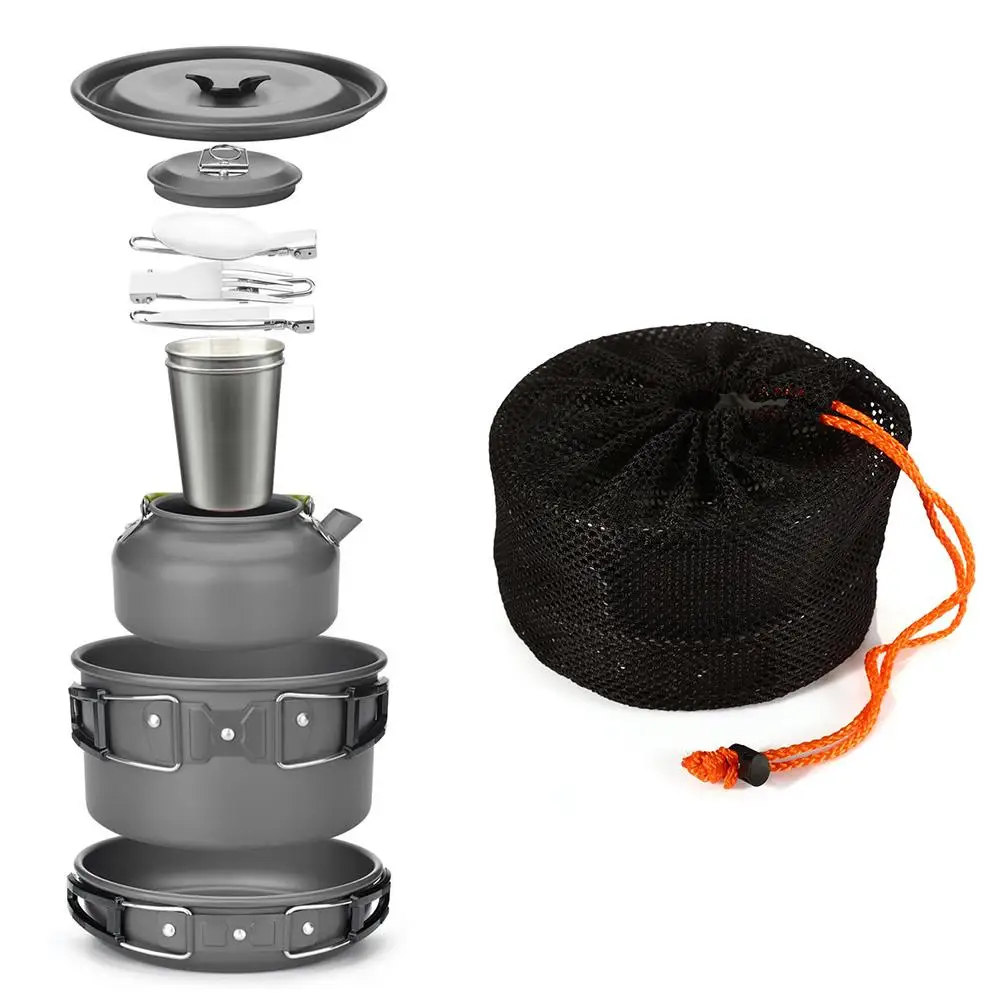 Acampar al aire libre senderismo Picnic tetera olla conjunto de utensilios de cocina Mess Kit mosquetón utensilios Camping estufa con taza de té taza de café