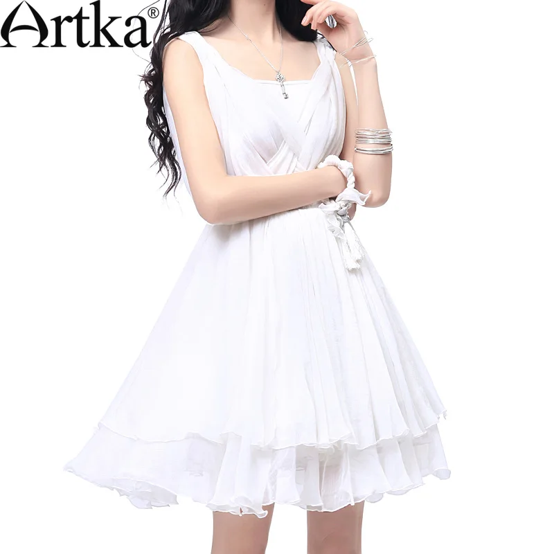 ARTKA женское летнее тонкое элегантное платье ручной вязки с завышенной талией, Роскошное однотонное платье без рукавов LA10635X - Цвет: white