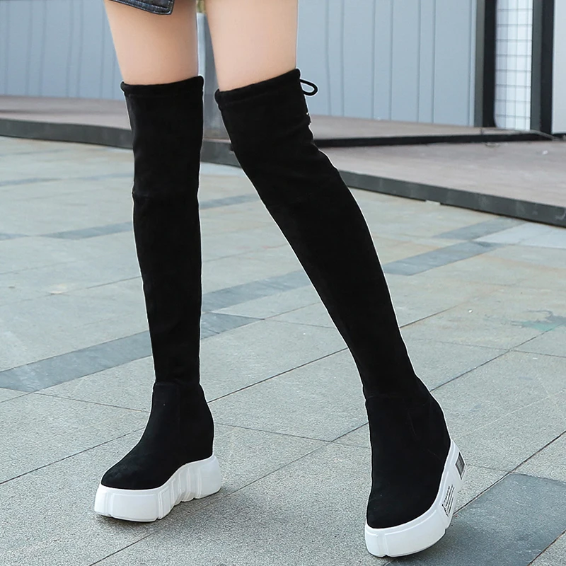 

Women Shoes New Over The Knee Thigh High Black Boots Women Motorcycle Flats Long Boots Low Heel Suede Leather Shoes