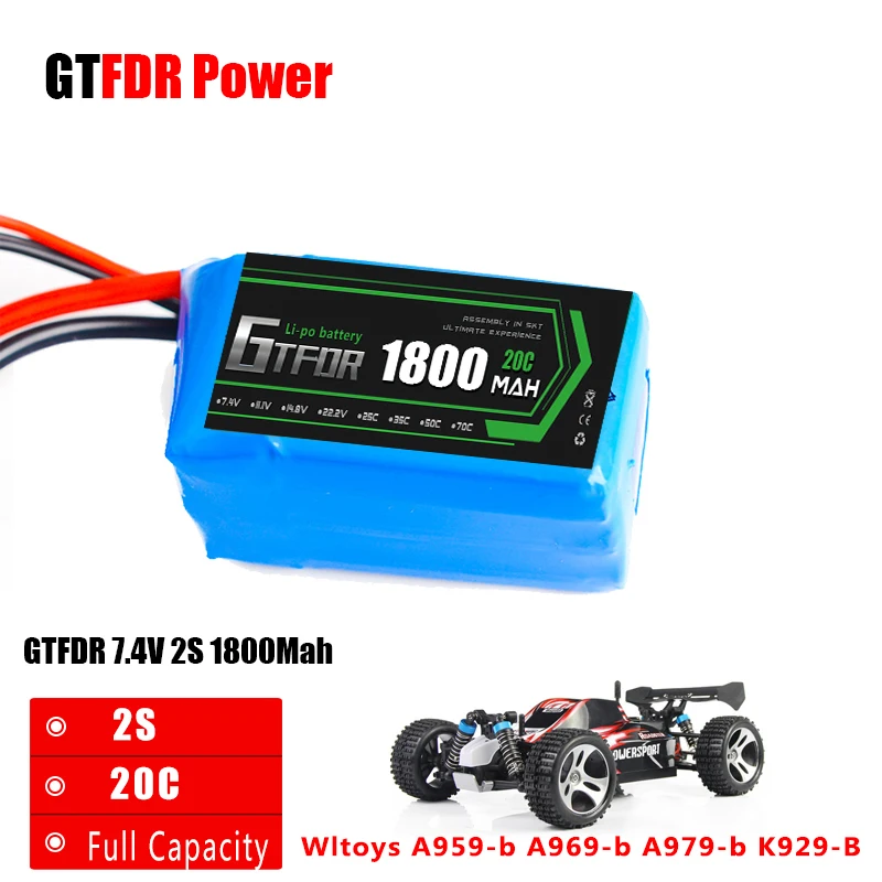 Gtfdr 1 шт. литий-полимерный аккумулятор 2S Lipo Батарея 7,4 V 1800 мА/ч, 20C Max 40C для Wltoys A959-b A969-b A979-b K929-B RC автомобиль Лодка Квадрокоптер пульт дистанционного управления съемкой от первого лица