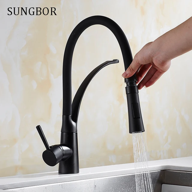 Best Quality Black Kitchen Faucet Pull-Down Sprayer 360 Rotation Kitchen Mixer Tap Bathroom Vessel Sink Faucet Black Rubber Single Handle