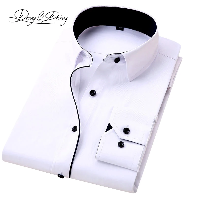 DAVYDAISY Men Shirt Turn Down Collar Long Sleeved Twill Solid Slim Brand Clothing Dress Shirt Man 3