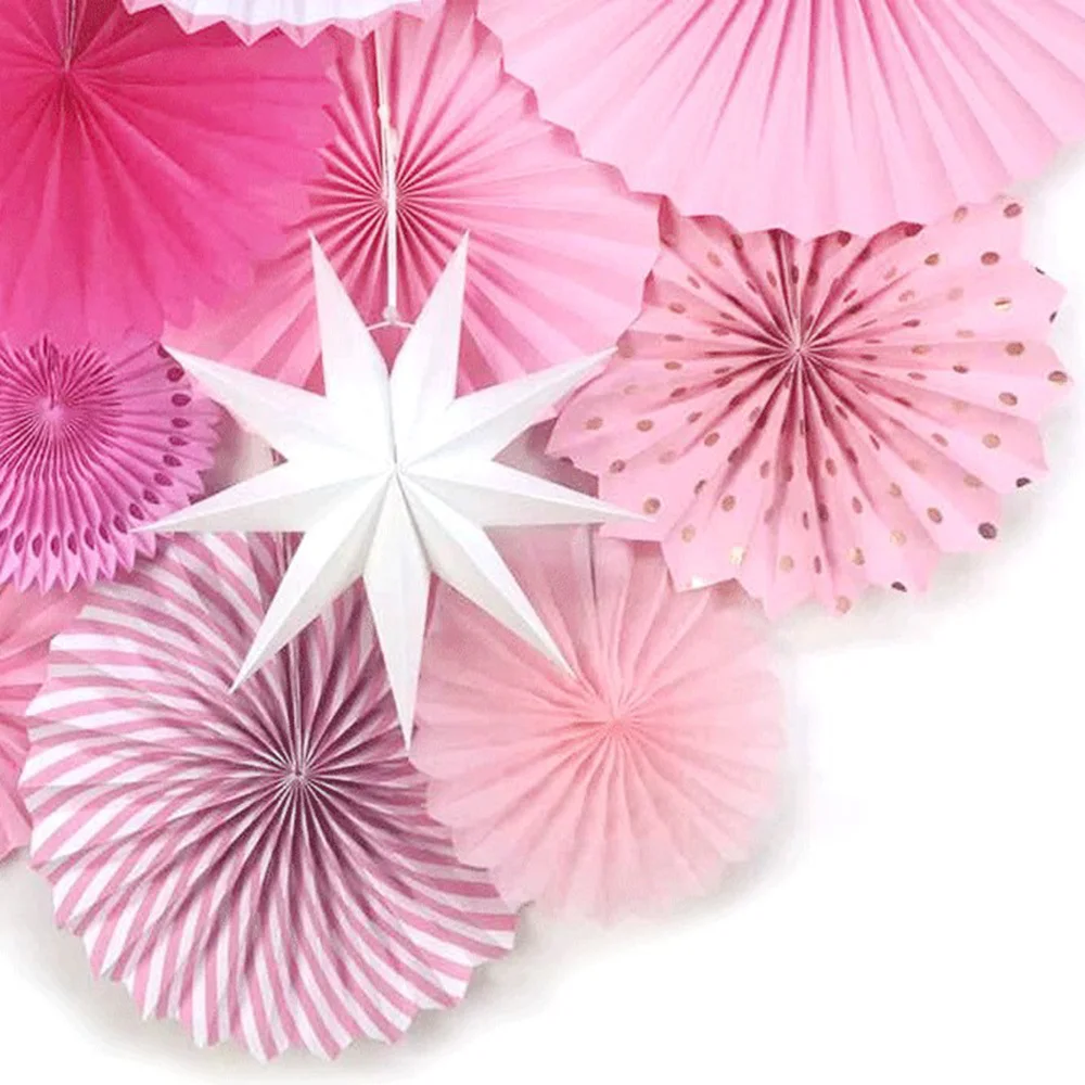 13pc Pink Paper Fan Party Kit Paper Star Paper Rosettes Photo Backdrop Hanging Decorations for Birthday Bridal Shower Wedding Nursery Decor  (3)