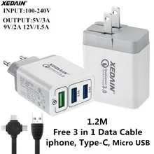 XEDAIN 3 Ports Fast USB Charger Cable Phone Quick Charger 3.0 EU/US Plug Wall Charger For Samsung Apple HTC Sony Xiaomi Huawei