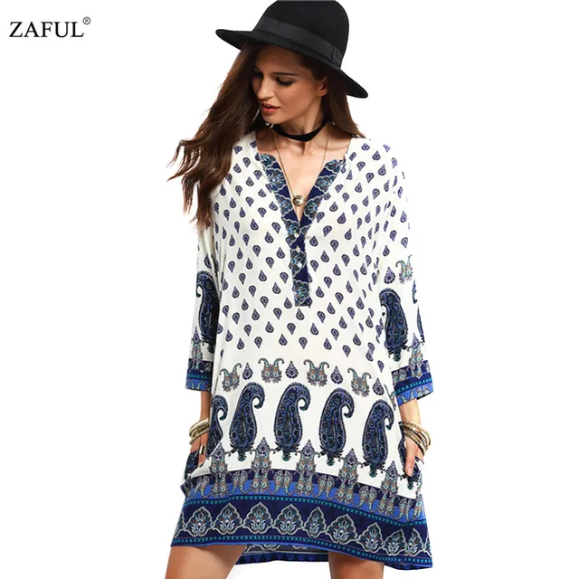 ZAFUL 2017 Новая Коллекция Весна Женщины Vintage Dress V-образным Вырезом Печати С Длинным Рукавом dress Свободные Casual dress Мини Этническая Dress Feminino Vestidos