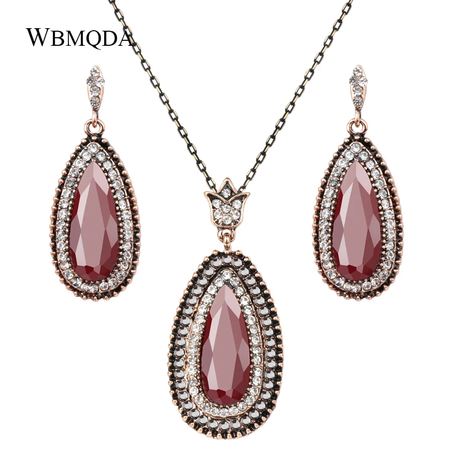 

2 Pcs/lot 3 Colors Water Drop Stone Pendant Necklace Earrings For Women Vintage Turkish Antique Gold Jewelry Sets