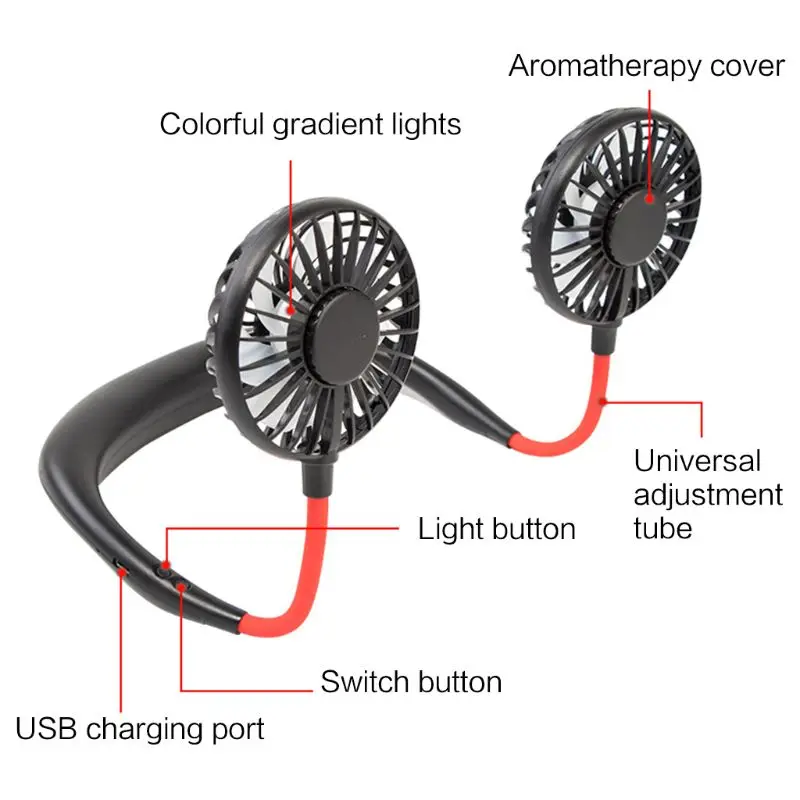 2019 Новый мини портативный светодиодный USB Перезаряжаемый вентилятор шеи Подвесной Стиль двойной охлаждающий ленивый вентилятор для