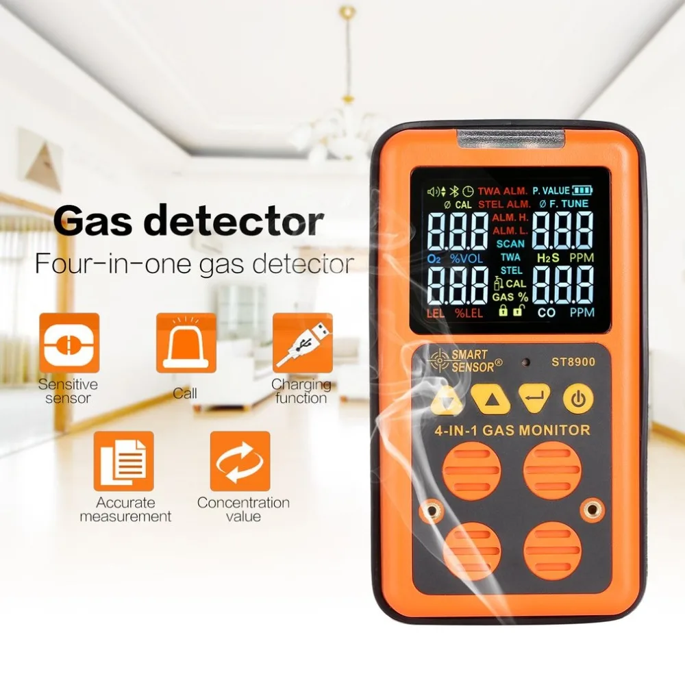 

4 in 1 Digital Gas Detector O2 H2S CO LEL Handheld Mini Gas Analyzer Air Monitor Gas Leak Tester Carbon Monoxide Meter ST8900