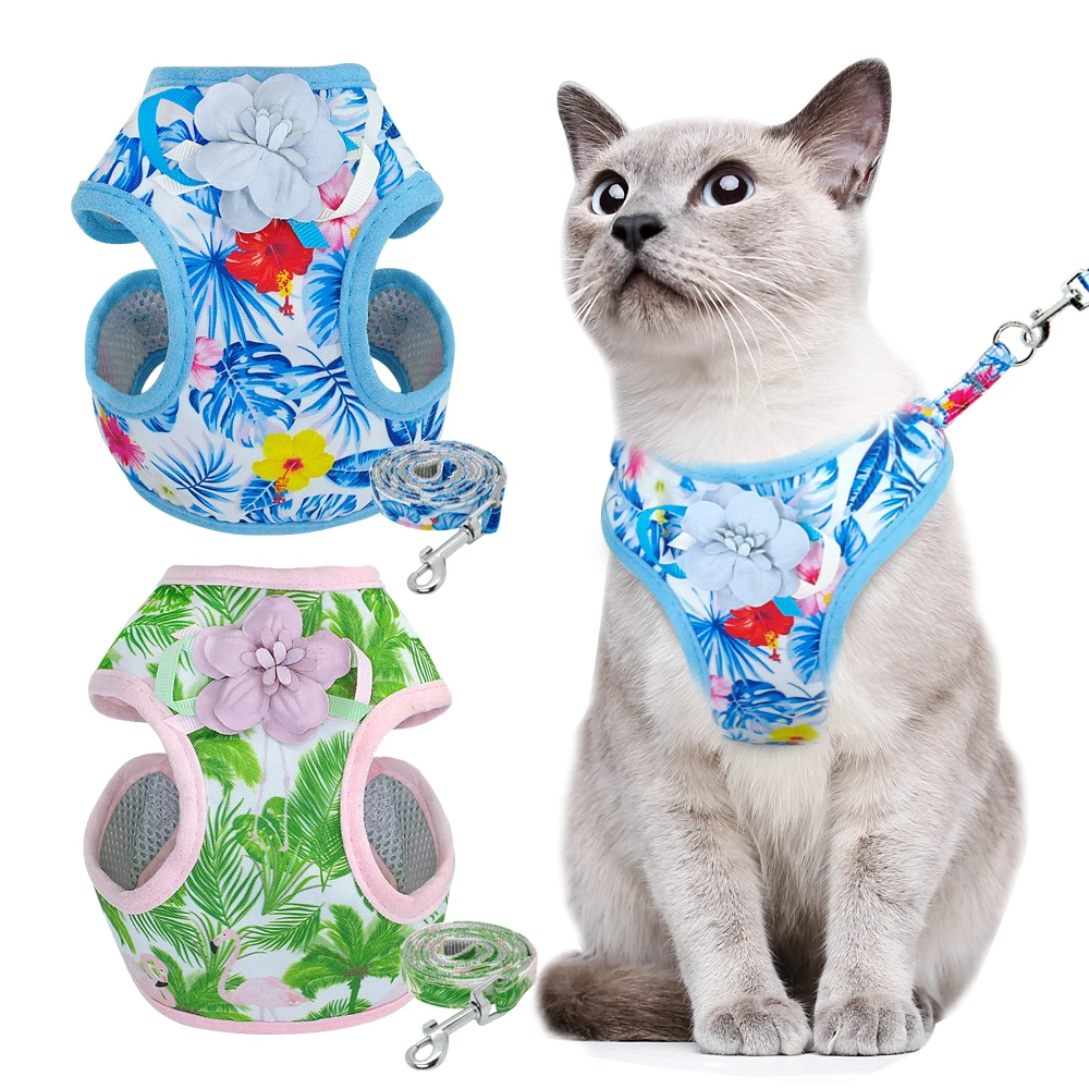 

Cute Cat Harness and Leash Set Printed Mesh Pet Puppy Kitten Harnesses Vest Walking Chest Strap Leash Belt For Small Dogs Cats