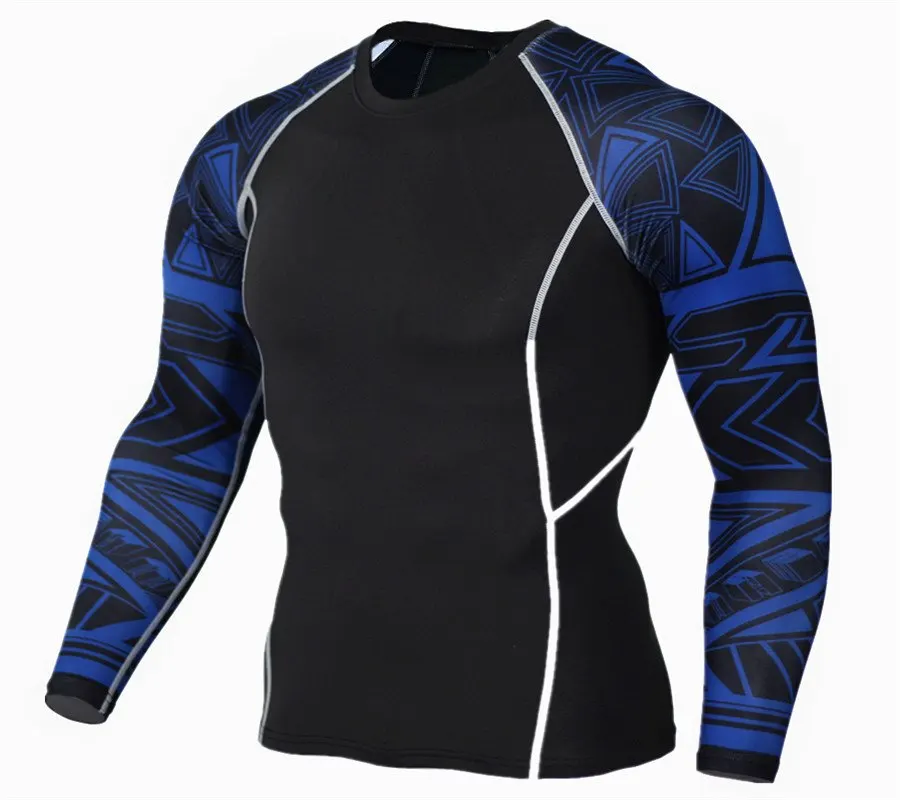 Blue pattern T-shirt Мужской компрессионный спортивный костюм для тренировок в тренажерном зале, футболка с длинными рукавами, леггинсы, Мужская Базовая Термоодежда, костюмы для бега 4XL - Цвет: Blue pattern T-shirt