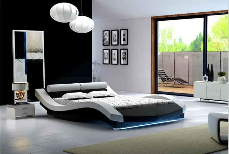 Современная мебель для спальни, натуральная кожа, кровать queen, кровать, мебель с led+ музыкальный проигрыватель