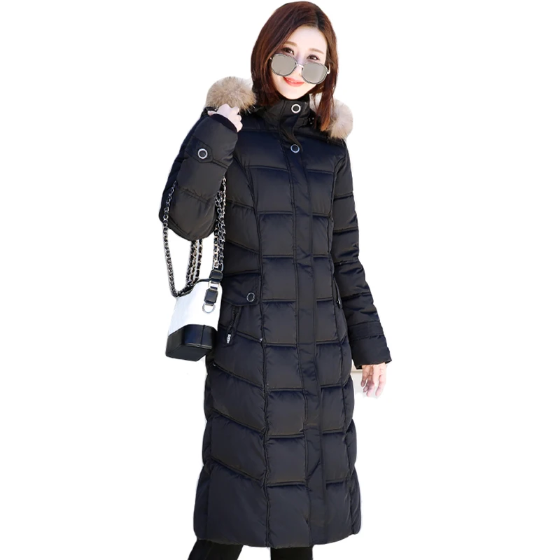 

2019 High Quality Women Long Down Coat With Fur Collar Hooded Long Female Jacket Outwear Warm Parka Abrigos Mujer Invierno
