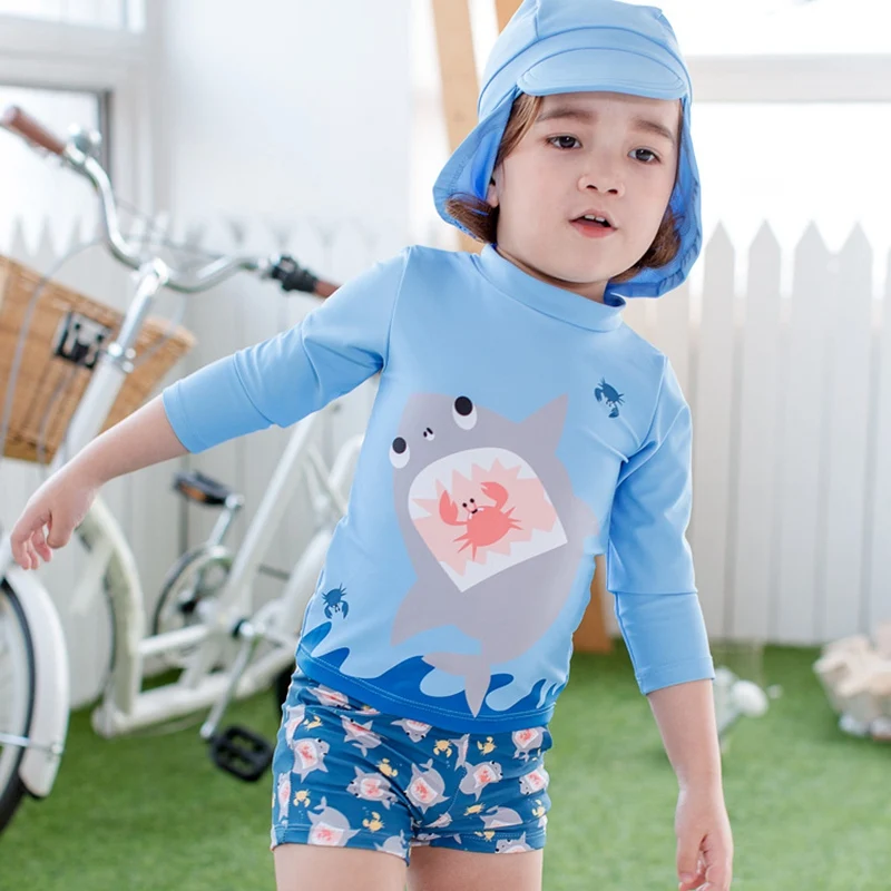 UPF50+ одежда для купания детские раздельные купальные костюмы из двух предметов для мальчиков синий купальный костюм с акулой для детей, купальные костюмы для детей