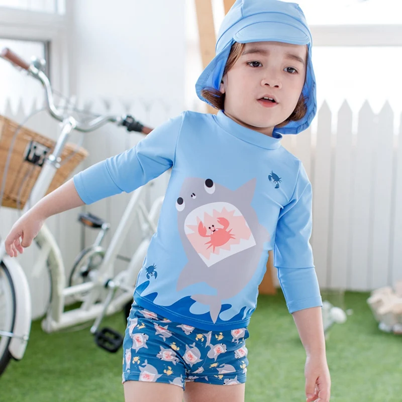 Menino de Duas Fatos de Banho Maiô para Crianças Fatos de Banho para Uma Upf50 + Roupa de Banho Crianças Peças Separados Tubarão Azul Rash Guards para Uma Criança 23 Mamãe e Bebê