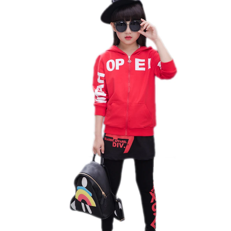 

girls sportswear 2018 new autumn long sleeve kids clothes letter printed hooded hoodies&sweatshirt+skirt pants 2 pcs sets suit