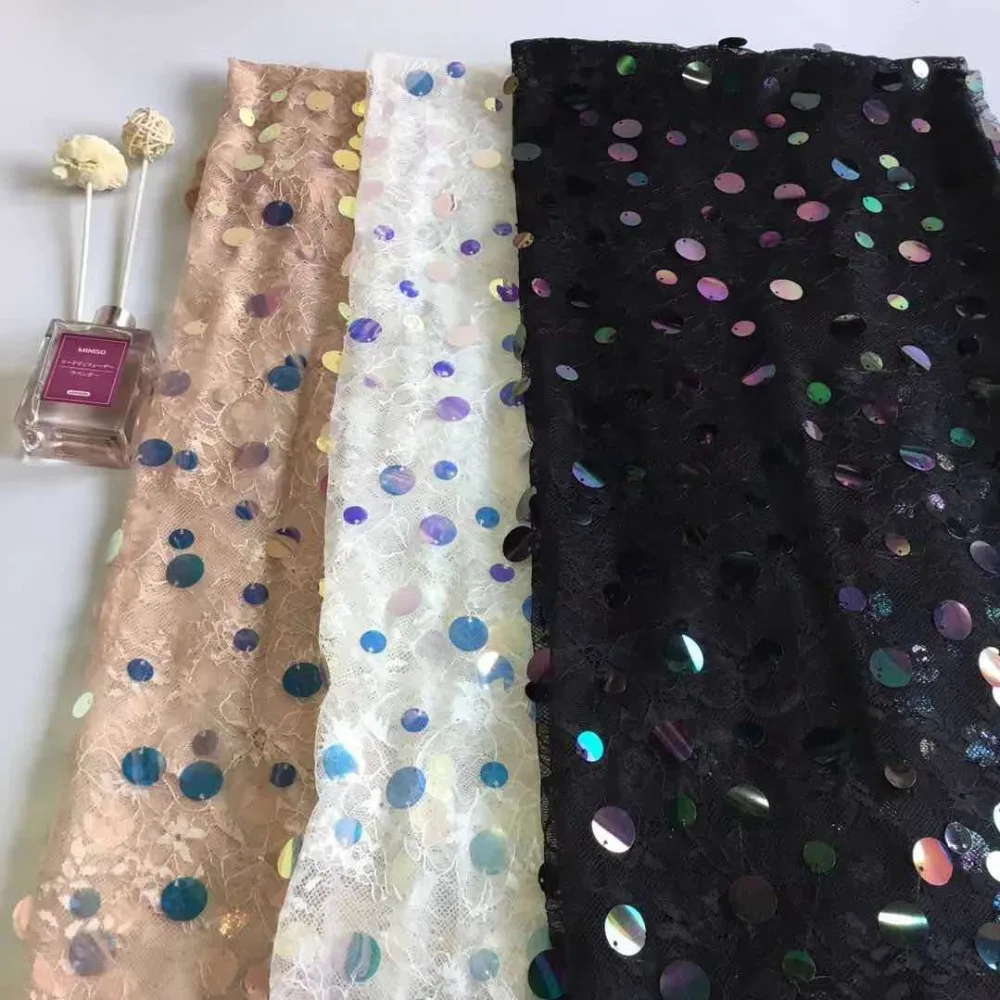 

LASUI 3 yards 3 colors High grade multicolor sequin flower embroidery mesh lace fabric Hollow Dance/evening Dress fabric W0099