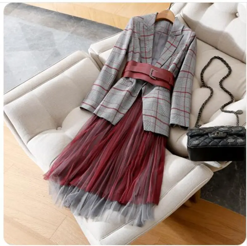 

Women plaid blazer wide belt + long mesh skirt pleated skirts 2 piece set new 2019 spring office lady sexy blazer suit