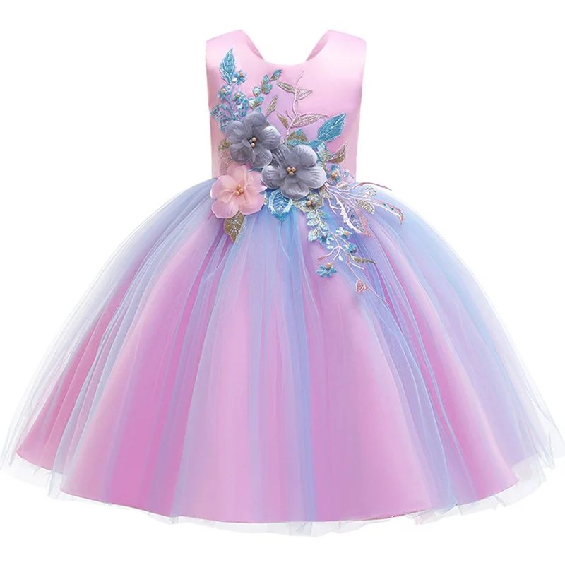Платье с цветочным узором для девочек; фатиновое платье принцессы радужной расцветки; вечернее платье подружки невесты на день рождения, свадьбу; детская одежда для девочек; детское платье - Цвет: Pink