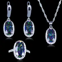 Fshion 925 marca plata Color Mujer joyería regalo Arco Iris mística piedra collar y Pendientes Sets mujeres Navidad presente