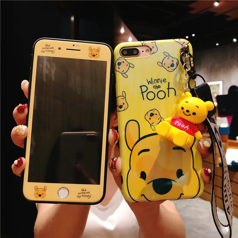 

For iPhone 7 7Plus Cute Cartoon winnie Case + Tempered Glass Screen film for iPhone X 8 8plus 6 6S 6SPlus + toy +strap