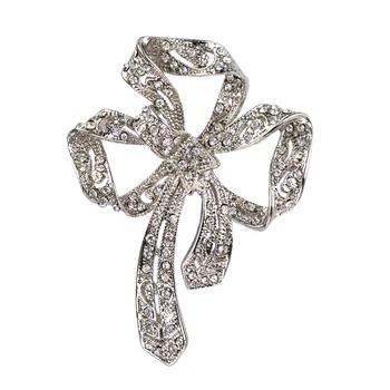 

2.5 Inch Vintage Style Rhodium Silver Tone Beautiful Curly Bow Ribbon Brooch with CZ Rhinestones