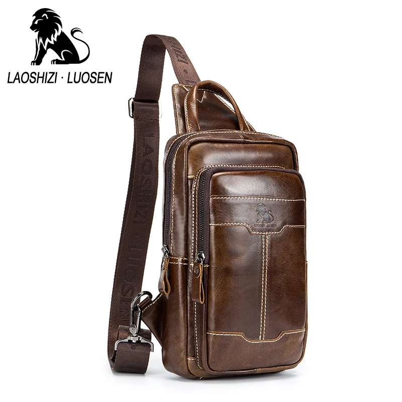 

LAOSHIZI LUOSEN Men Chest Bag Genuine Leather Cowhide Casual Sling Chest Back Cross Body Messenger Shoulder Bag 91005