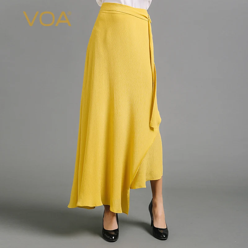

VOA Silk Yellow Irregular A Line Skirt Women Long Swing Skirts Large Size Solid Brief Basic High Waist Belt Casual Summer C6653