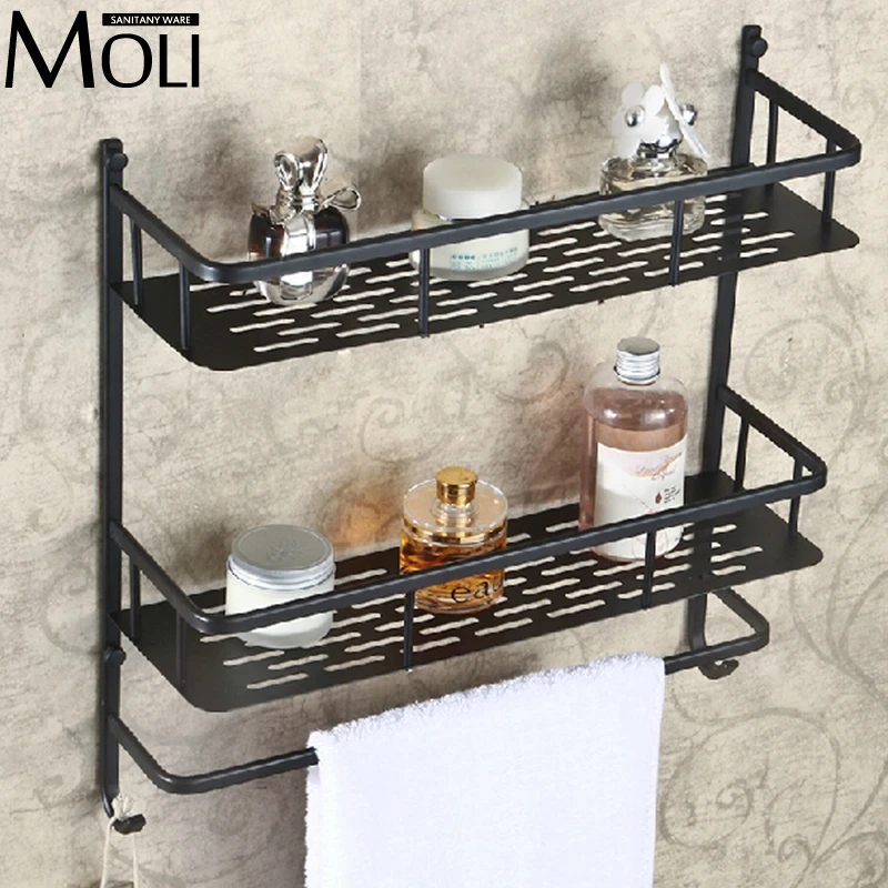 

Oil-rubbed bronze bathroom shelf wall mounted dual layer multifunction storage shelves with towel bar and hook