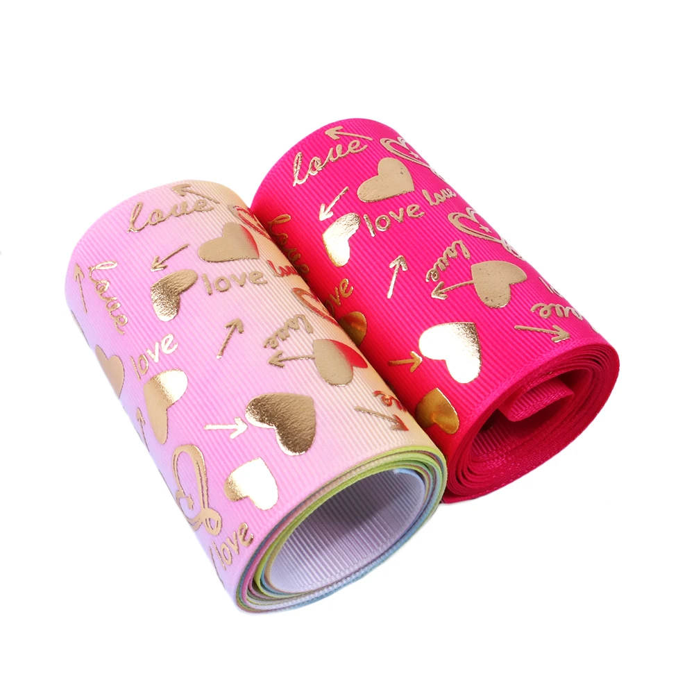 

david angie 3''75mm heart love gold foil Printed Grosgrain Ribbon 5yards,DIY HairBow Handmade Material,Gift Wrap,5Yc4726