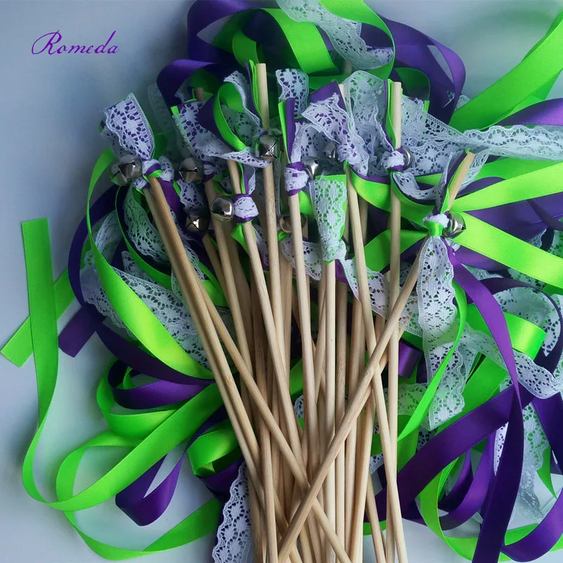 50pcs/lot purple Fluorescent green stain ribbon Wedding Ribbon Wands With lace and Bell Twirling Streamers | Дом и сад