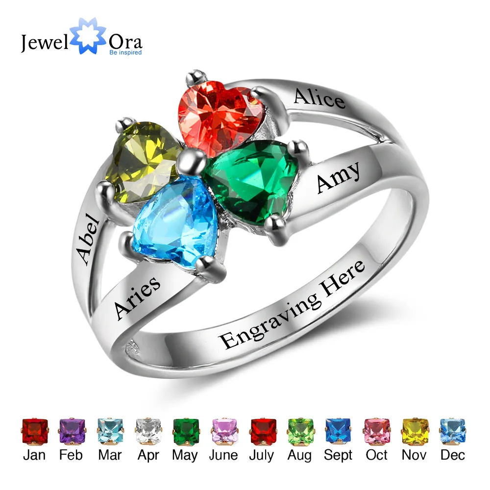 Anniversary Family Ring Engrave Name Custom 4 Birthstone Ring 925 Sterling Silver Heart Rings Gift For Mom (JewelOra RI102501)