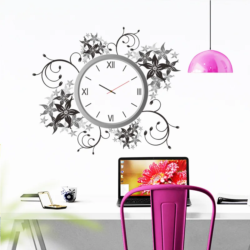 & creative black grey flower needle quartz clock wall sticker wall