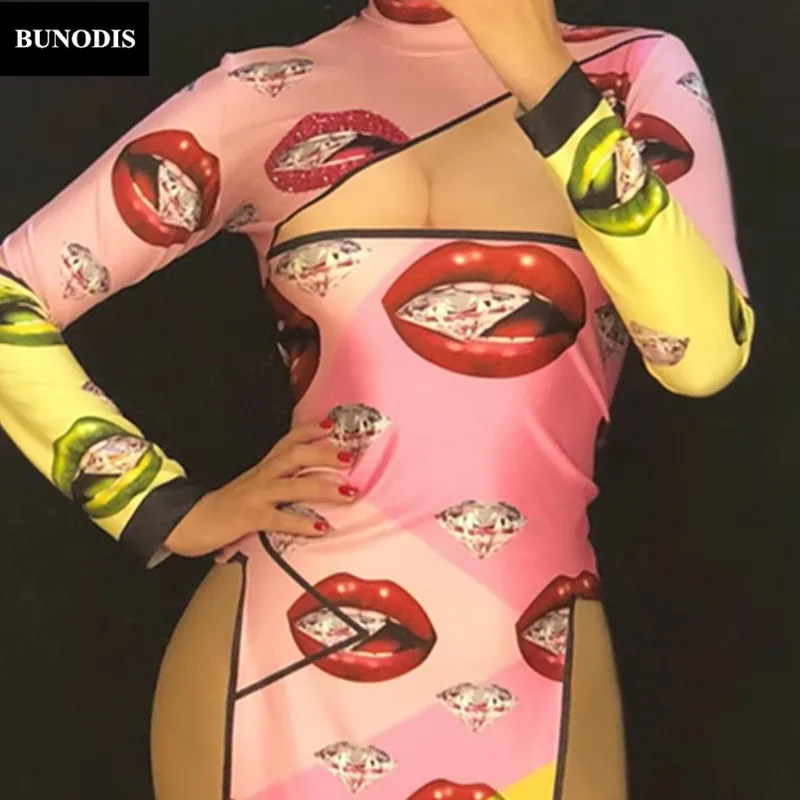 BU331 Для женщин Сексуальная короткая юбка Cheongsam 3D с принтом губ со стразами для