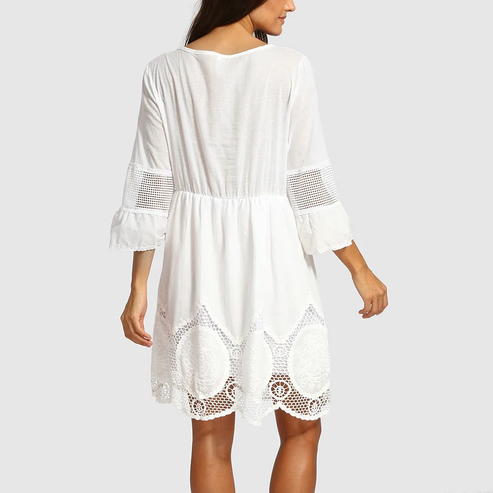 Women Dress Fashion Plus Size White Lace Embroidery Hollow-out Round Neck Boho Beach Dress O-Neck Solid Dress Freeship F#M30  (7)