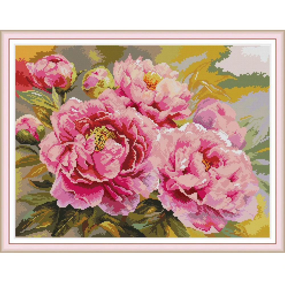 

NKF Beautiful Pink Peony Counted Cross Stitch 11CT 14CT Cross Stitch Set Flower Embroidery Needlework Kit Home Decor