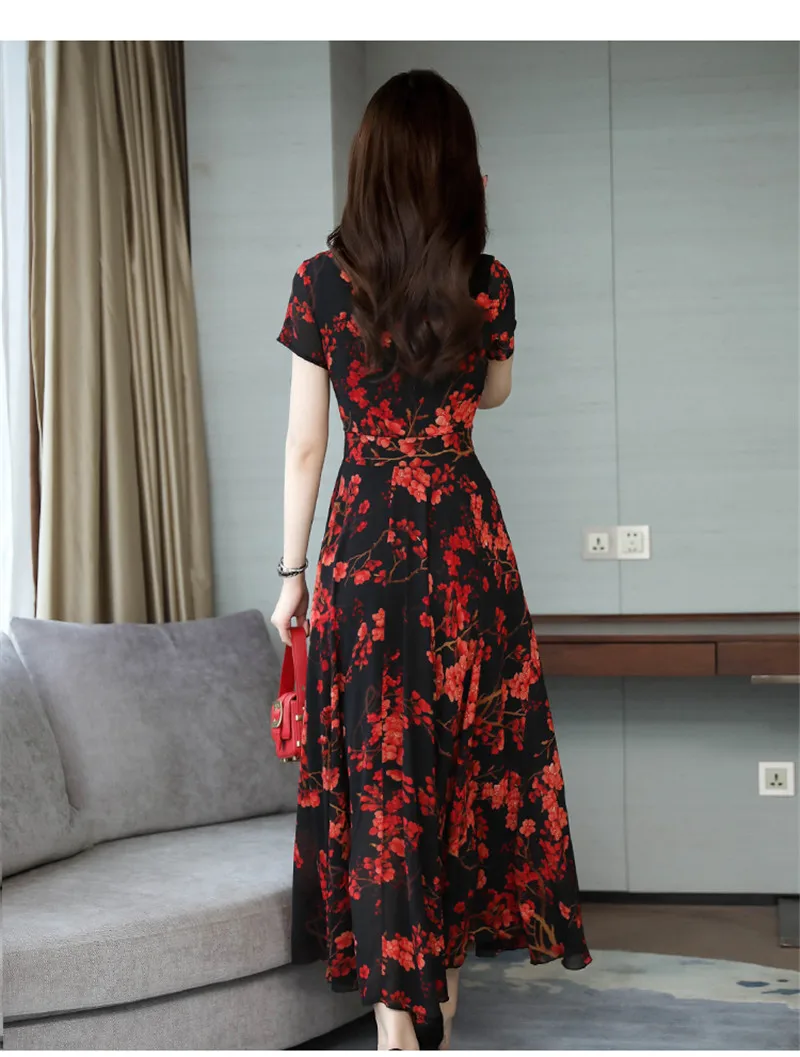 SexeMara Bohemian Style O-Neck Short-Sleeved Printed Temperament Waist Chiffon Long Large Dress 2019 Summer New Style (4)